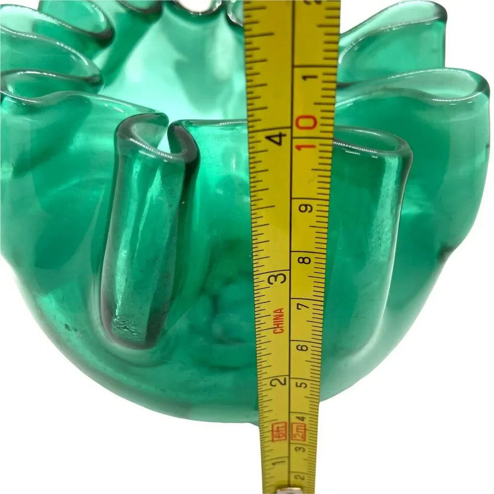 Art Glass Pinch Pot Vase Bowl Handmade Green Hand Blown Decorative Heavy
